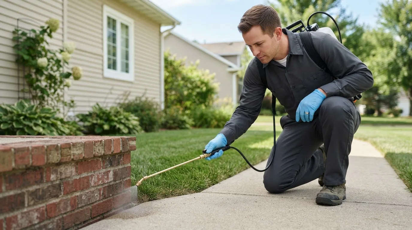 Pest control technician treating a home near Granite City, IL